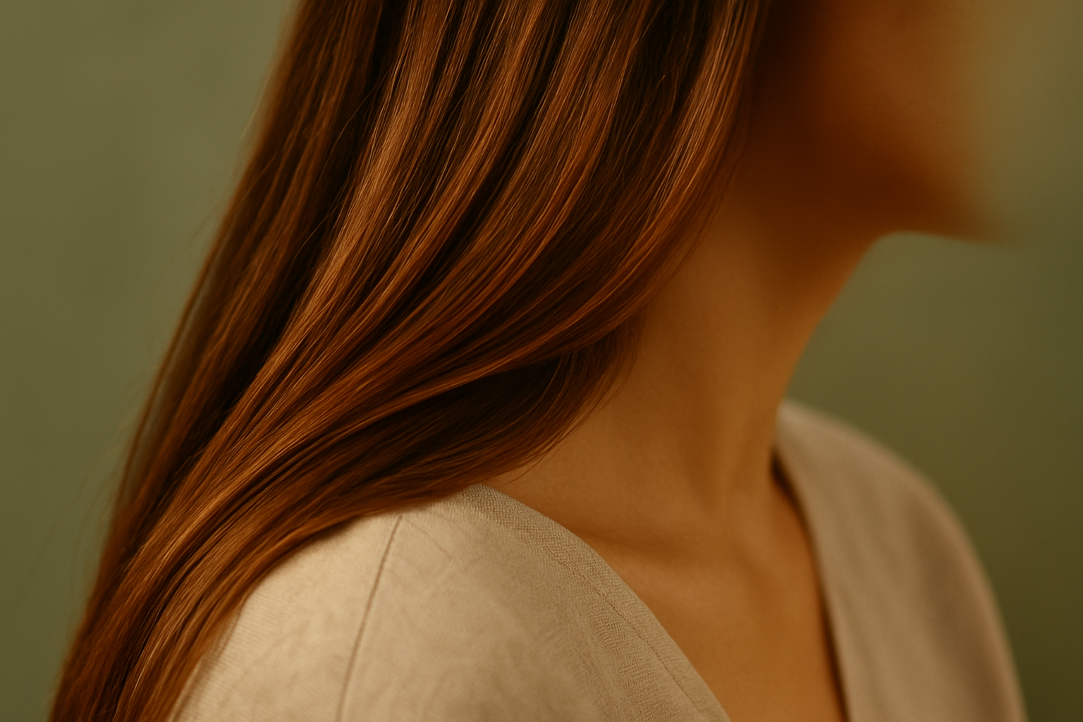Detalhe de cabelos saudáveis sobre blusa bege, com luz quente e fundo verde-sálvia suave