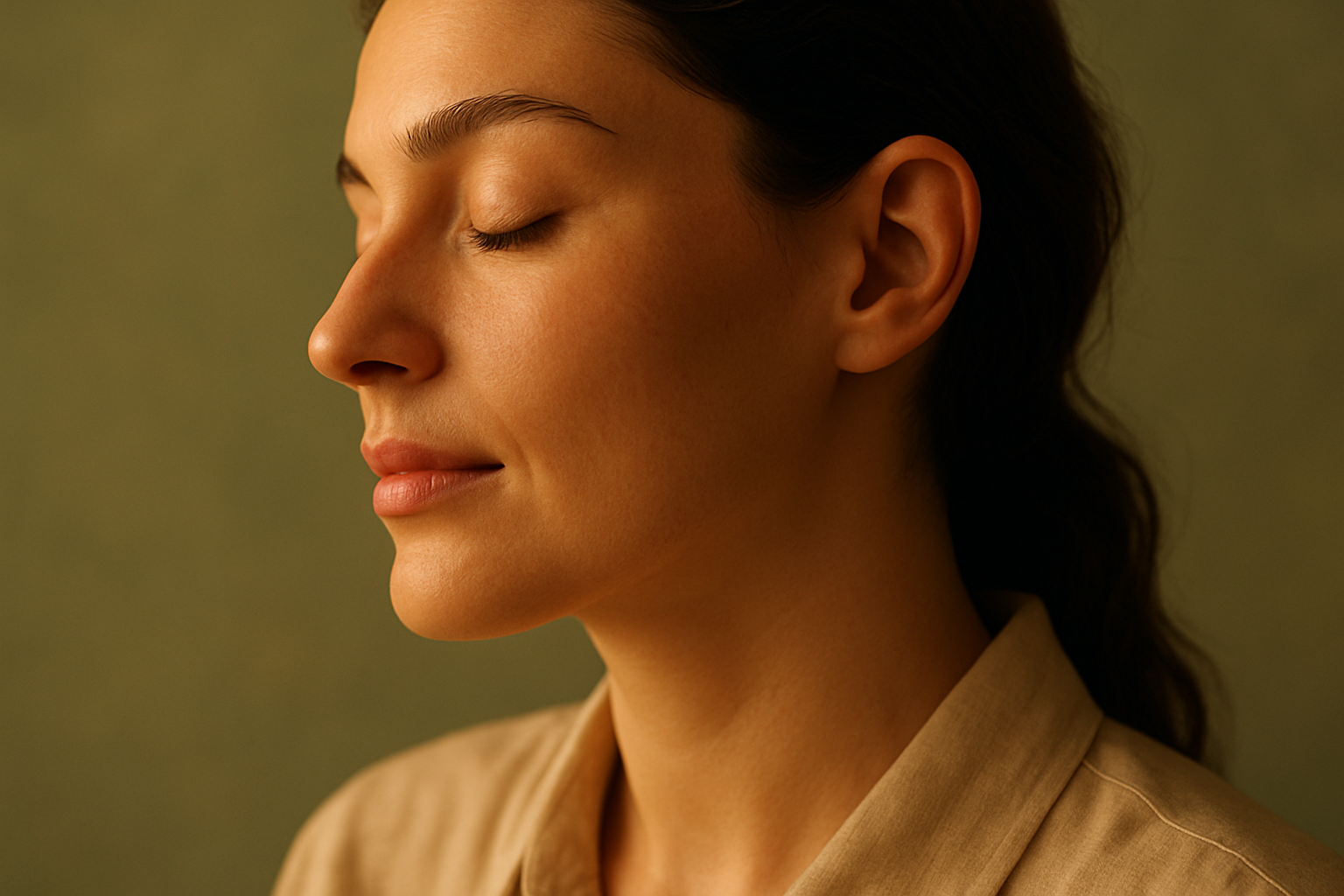 Mulher de perfil com olhos fechados em fotografia editorial de beleza com luz quente e fundo verde-sálvia