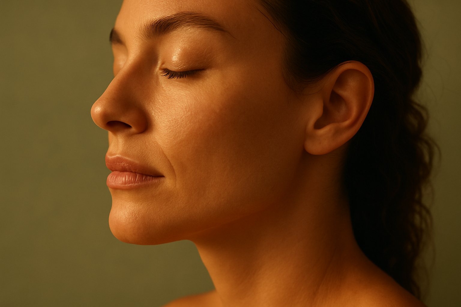 Perfil de rosto feminino com pele natural iluminada por luz quente e difusa, fundo verde-sálvia, atmosfera serena
