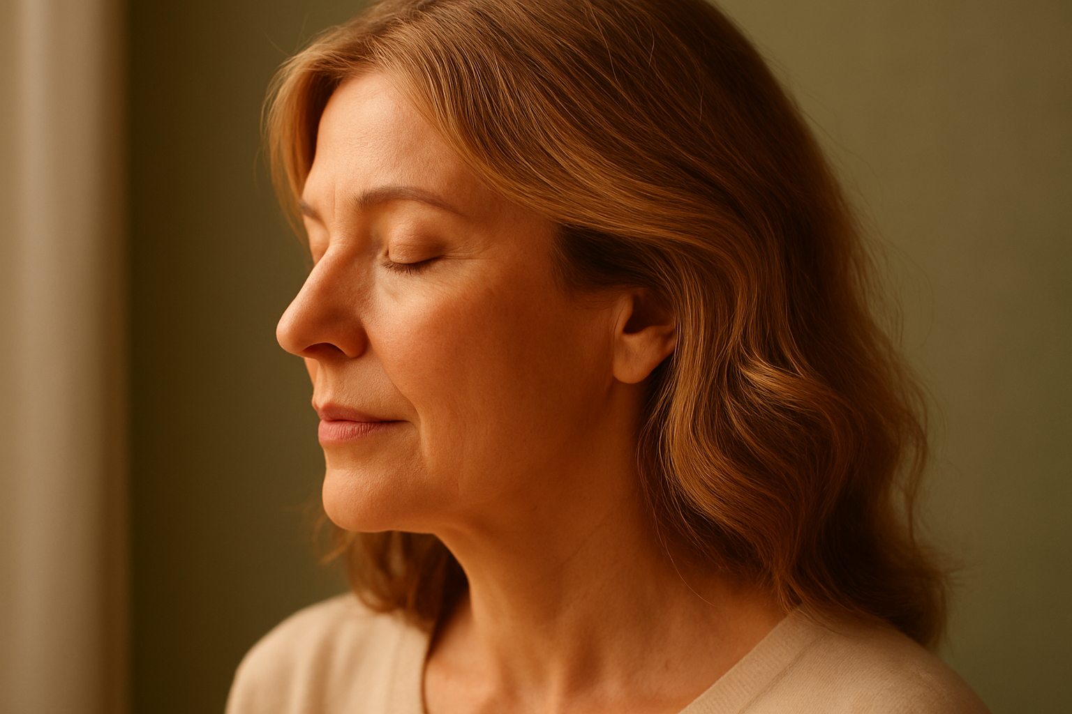 Perfil de mulher com cabelo solto iluminado por luz quente e difusa, fundo verde-sálvia, atmosfera serena e sofisticada