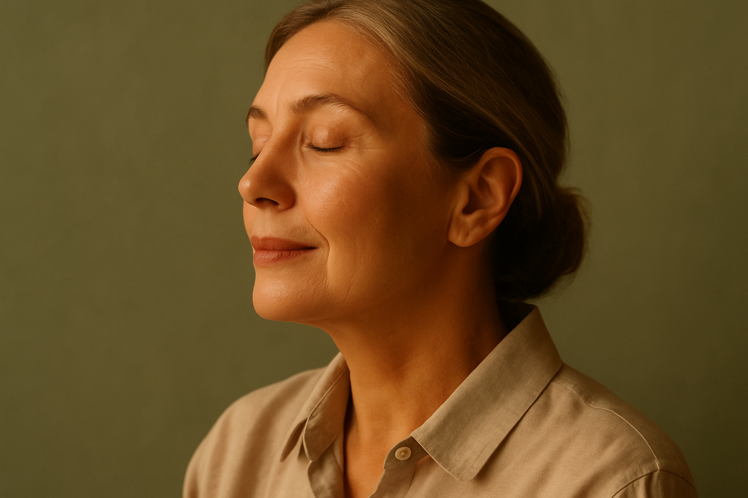 Mulher de meia-idade em perfil com olhos fechados e expressão serena, iluminada por luz quente e difusa, representando longevidade e cuidado com a saúde