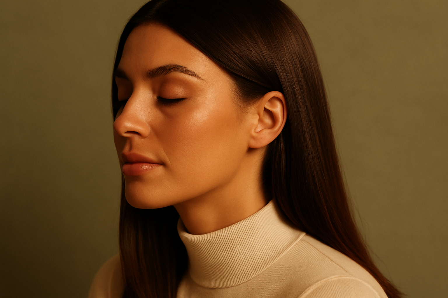 Mulher de perfil com cabelos brilhantes e saudáveis sob luz quente e difusa, em fotografia editorial de beleza com fundo verde-sálvia