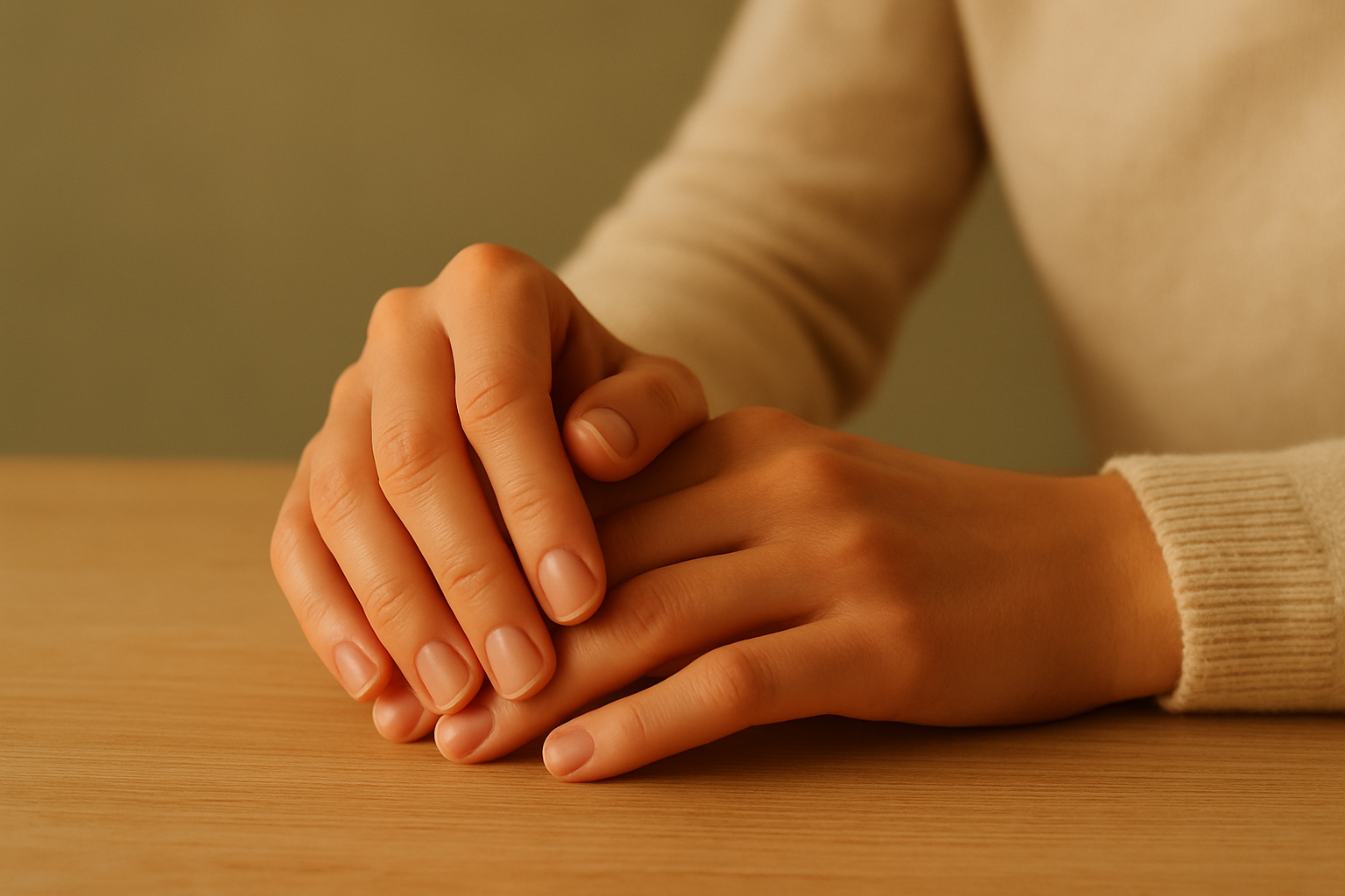 Mãos femininas com unhas curtas e naturais sobre superfície de madeira clara, iluminação quente e fundo bege-esverdeado