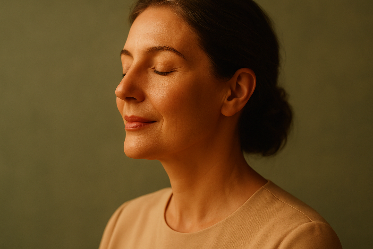 Mulher adulta de perfil com olhos fechados e expressão serena, em luz quente e fundo verde-sálvia, evocando cuidado e presença feminina no Outubro Rosa