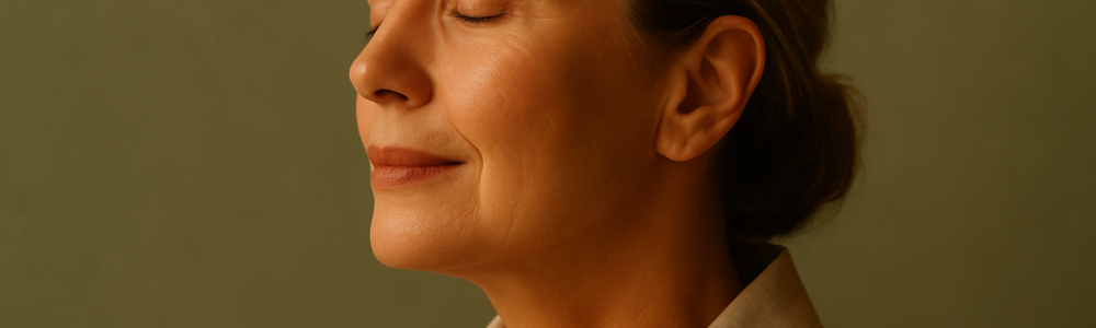 Mulher de meia-idade em perfil com olhos fechados e expressão serena, iluminada por luz quente e difusa, representando longevidade e cuidado com a saúde