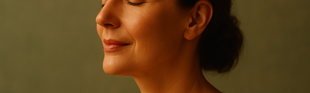 Mulher adulta de perfil com olhos fechados e expressão serena, em luz quente e fundo verde-sálvia, evocando cuidado e presença feminina no Outubro Rosa