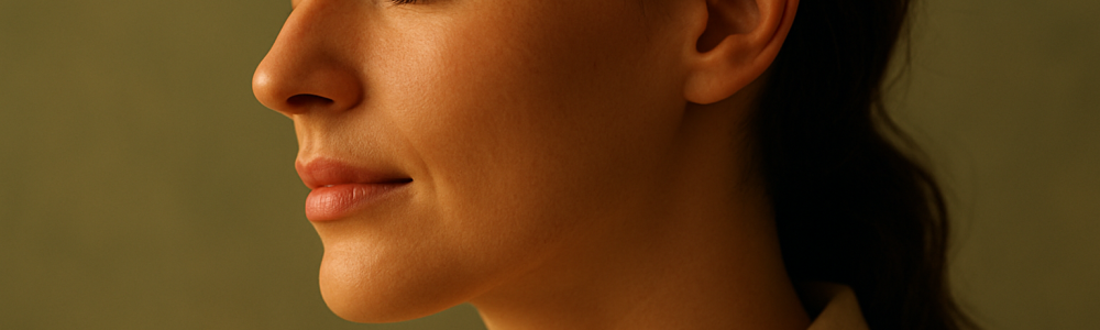 Mulher de perfil com olhos fechados em fotografia editorial de beleza com luz quente e fundo verde-sálvia