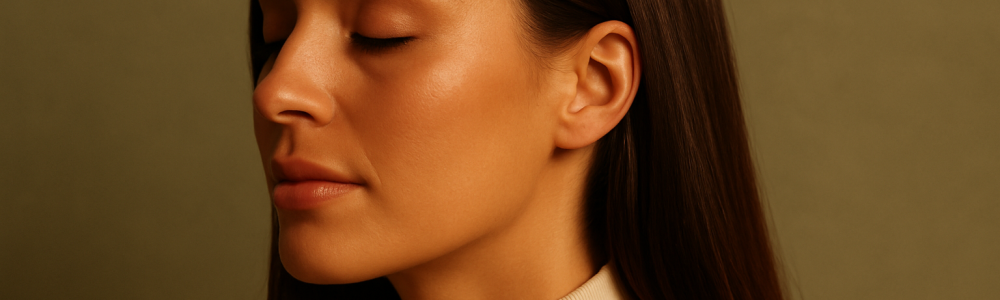 Mulher de perfil com cabelos brilhantes e saudáveis sob luz quente e difusa, em fotografia editorial de beleza com fundo verde-sálvia