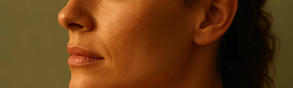 Perfil de rosto feminino com pele natural iluminada por luz quente e difusa, fundo verde-sálvia, atmosfera serena