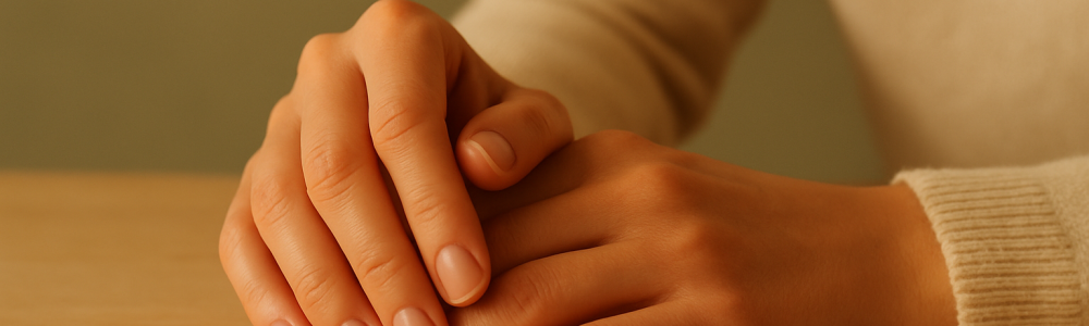 Mãos femininas com unhas curtas e naturais sobre superfície de madeira clara, iluminação quente e fundo bege-esverdeado